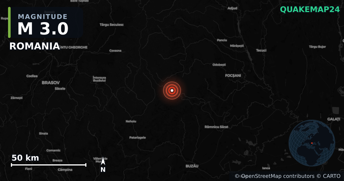 M3.0 earthquake near ROMANIA on Sep 25, 2025 — map of epicenter and shaking intensity | QuakeMap24