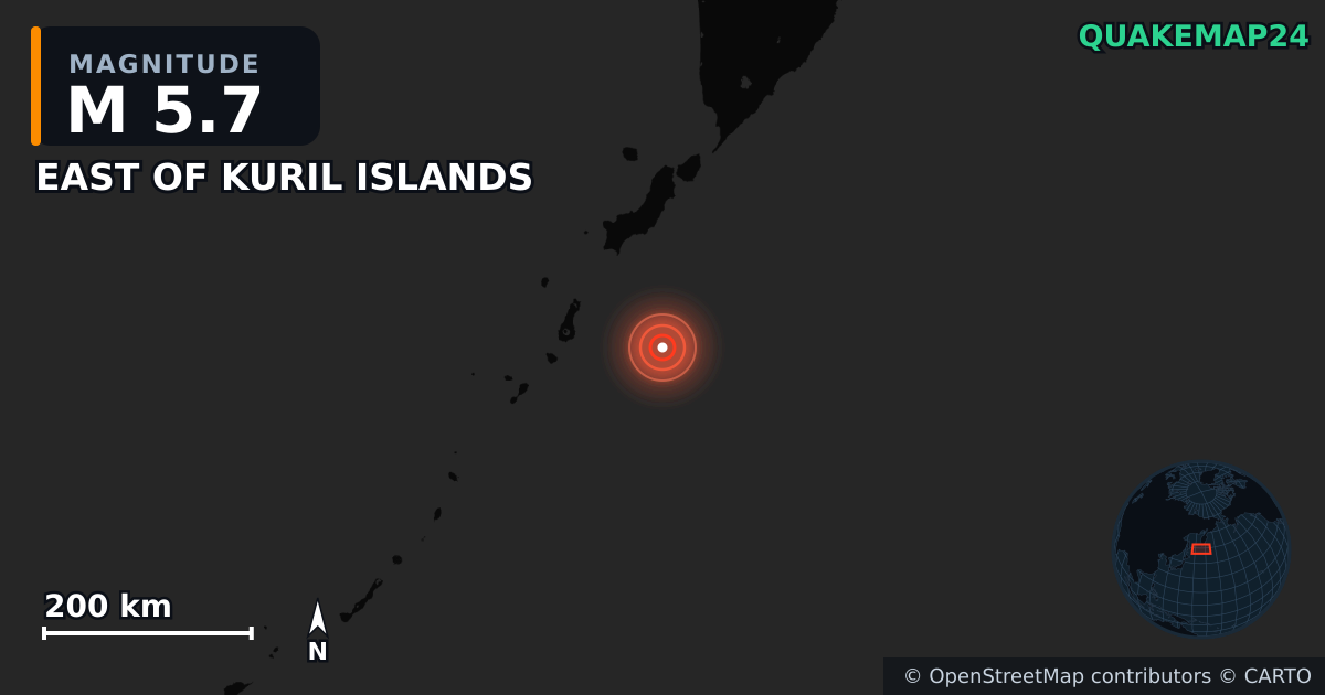 M5.7 earthquake near EAST OF KURIL ISLANDS on Jul 30, 2025 — map of epicenter and shaking intensity | QuakeMap24