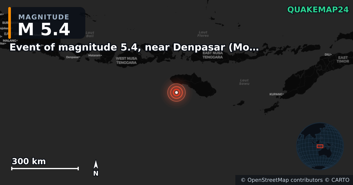 M5.4 earthquake near Event of magnitude 5.4, near Denpasar (Monde) on May 5, 2026 — map of epicenter and shaking intensity | QuakeMap24