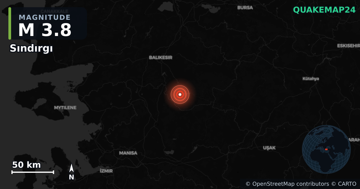 M3.8 earthquake near Sındırgı on Nov 10, 2025 — map of epicenter and shaking intensity | QuakeMap24