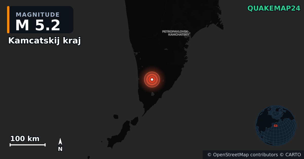 M5.2 earthquake near Kamcatskij kraj on Aug 7, 2025 — map of epicenter and shaking intensity | QuakeMap24