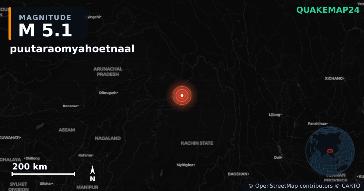 M5.1 earthquake near puutaraomyahoetnaal on Jan 21, 2026 — map of epicenter and shaking intensity | QuakeMap24