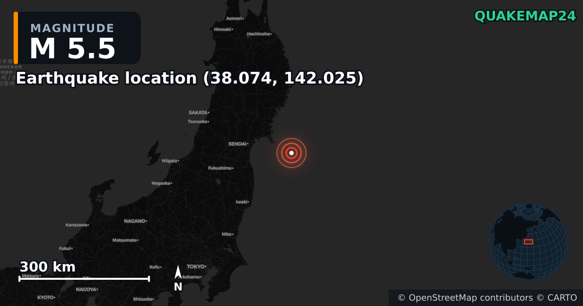 M5.5 earthquake near Deprem konumu (38.074, 142.025) on Apr 20, 2026 — map of epicenter and shaking intensity | QuakeMap24