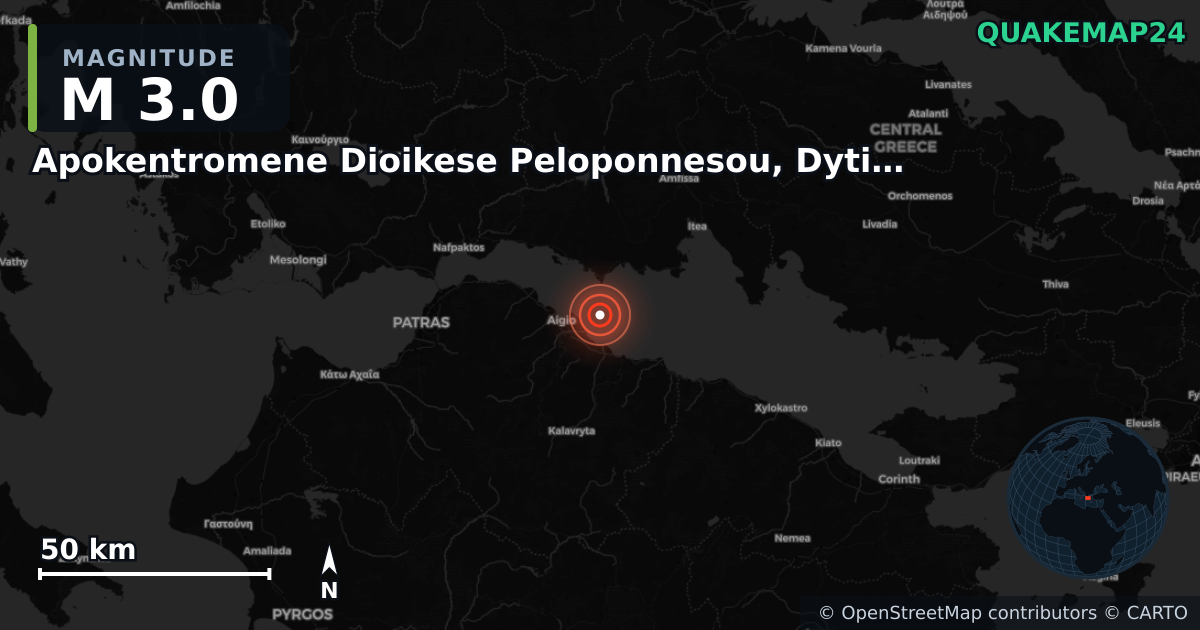 M3.0 earthquake near Apokentromene Dioikese Peloponnesou, Dytikes Elladas kai Ioniou on Sep 13, 2025 — map of epicenter and shaking intensity | QuakeMap24