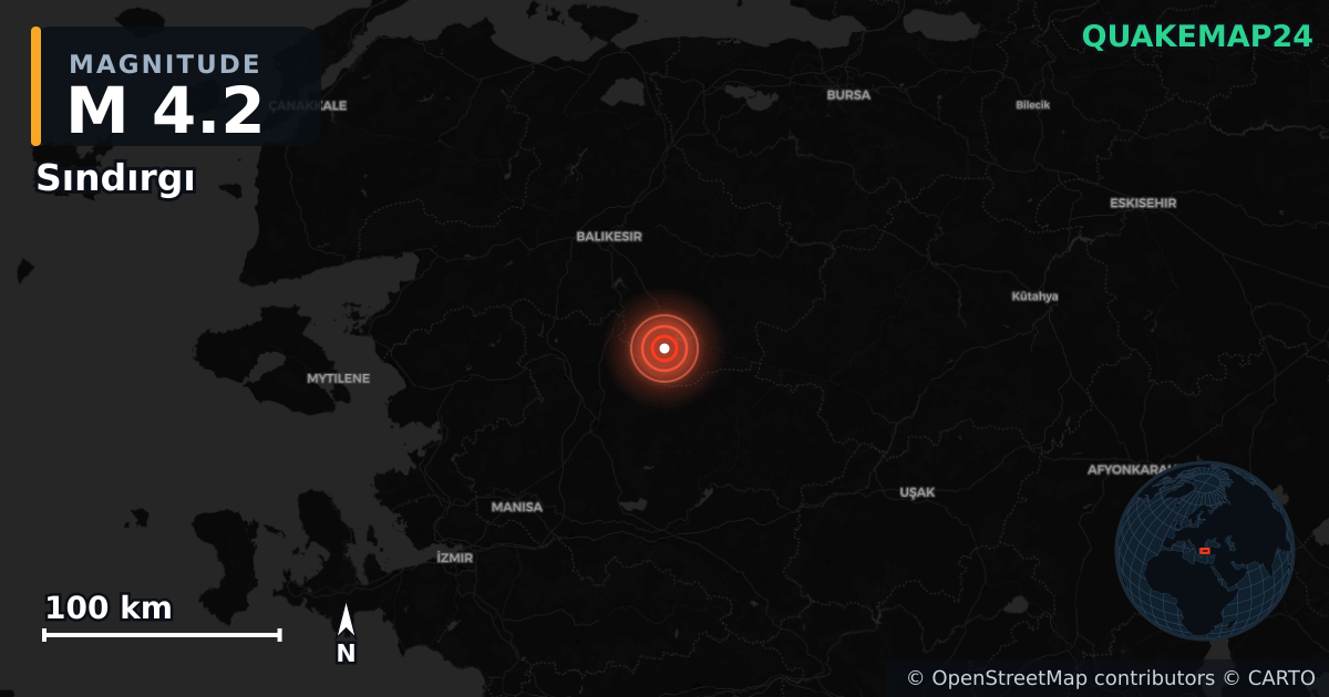 M4.2 earthquake near Sındırgı on Aug 24, 2025 — map of epicenter and shaking intensity | QuakeMap24