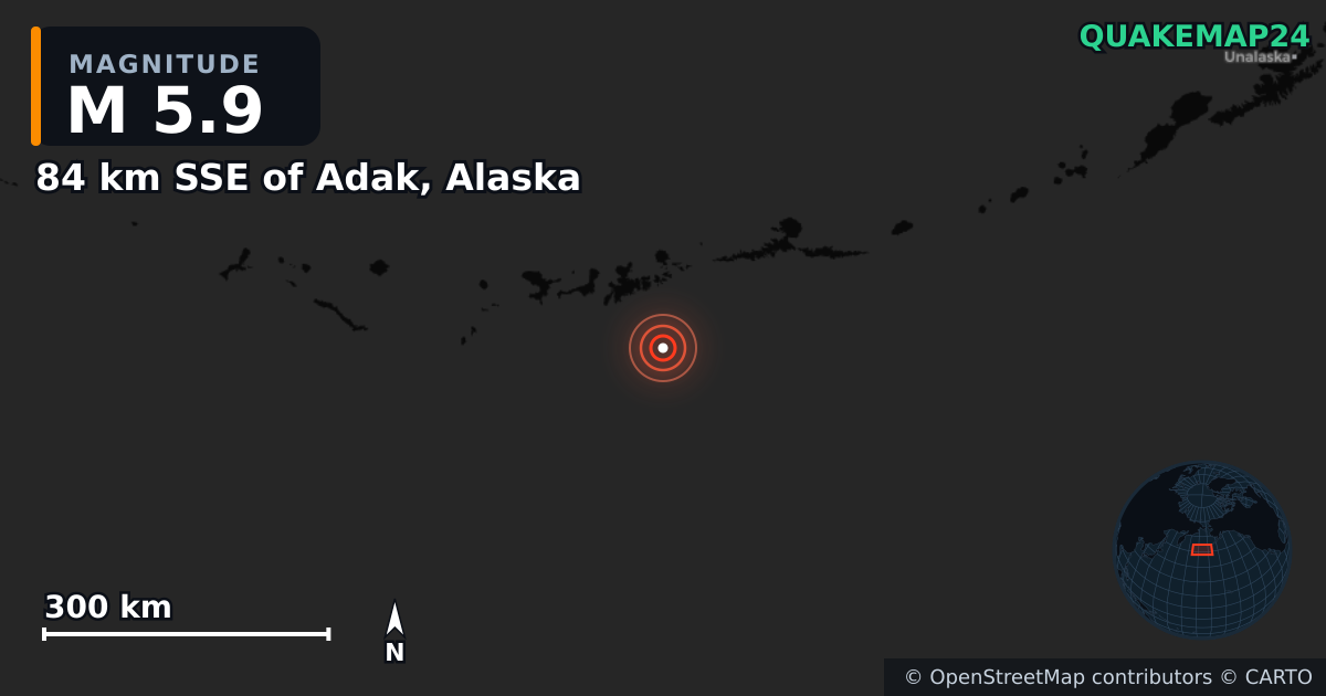 M5.9 earthquake near 84 km SSE of Adak, Alaska on Mar 21, 2025 — map of epicenter and shaking intensity | QuakeMap24