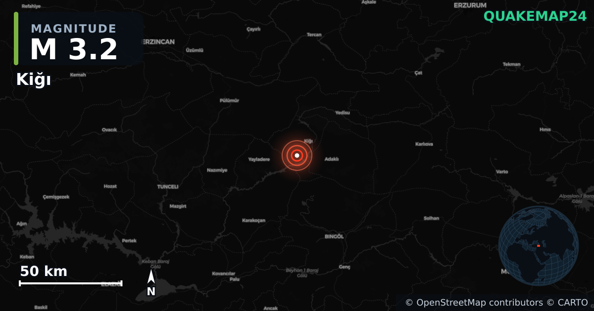 M3.2 earthquake near Kiğı on Jun 1, 2025 — map of epicenter and shaking intensity | QuakeMap24