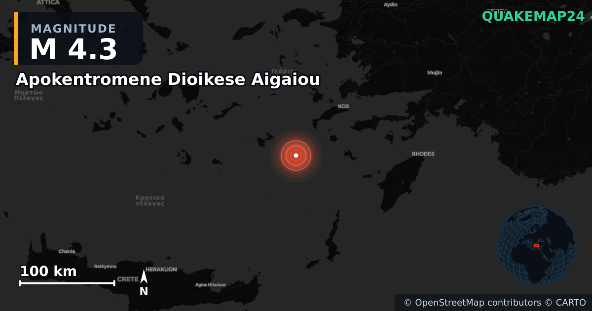 M4.3 earthquake near Apokentromene Dioikese Aigaiou on Jun 7, 2025 — map of epicenter and shaking intensity | QuakeMap24