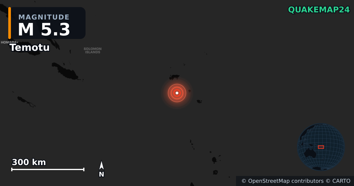 M5.3 earthquake near Temotu on Aug 30, 2025 — map of epicenter and shaking intensity | QuakeMap24