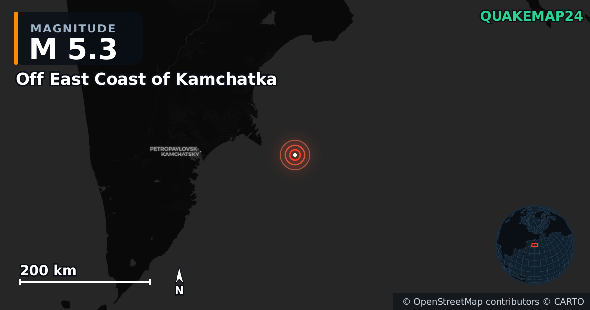 M5.3 earthquake near Off East Coast of Kamchatka on Jul 31, 2025 — map of epicenter and shaking intensity | QuakeMap24