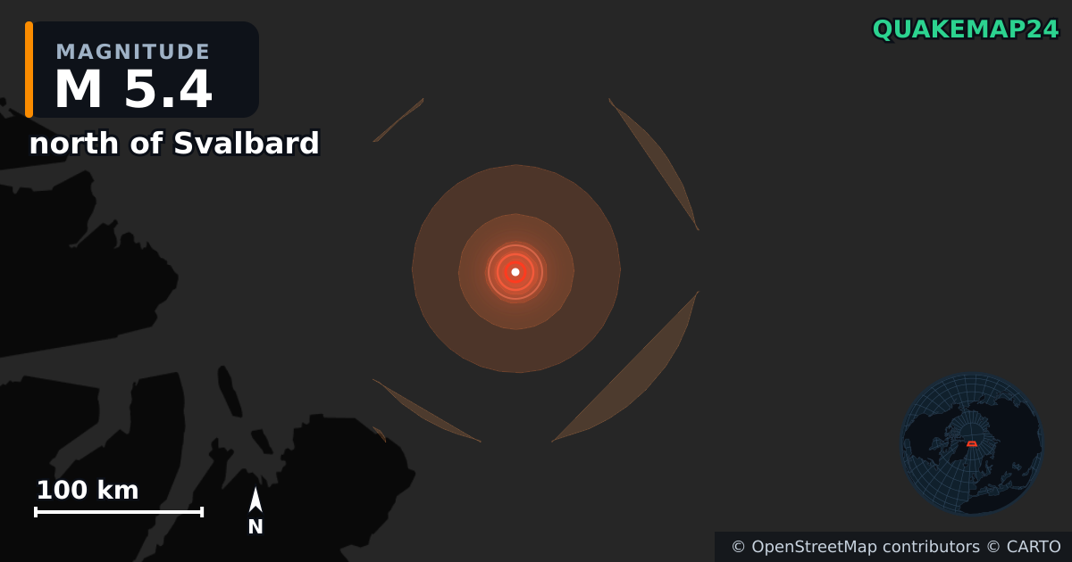 Erdbeben M5,4 bei north of Svalbard — Karte der Lage des Epizentrums