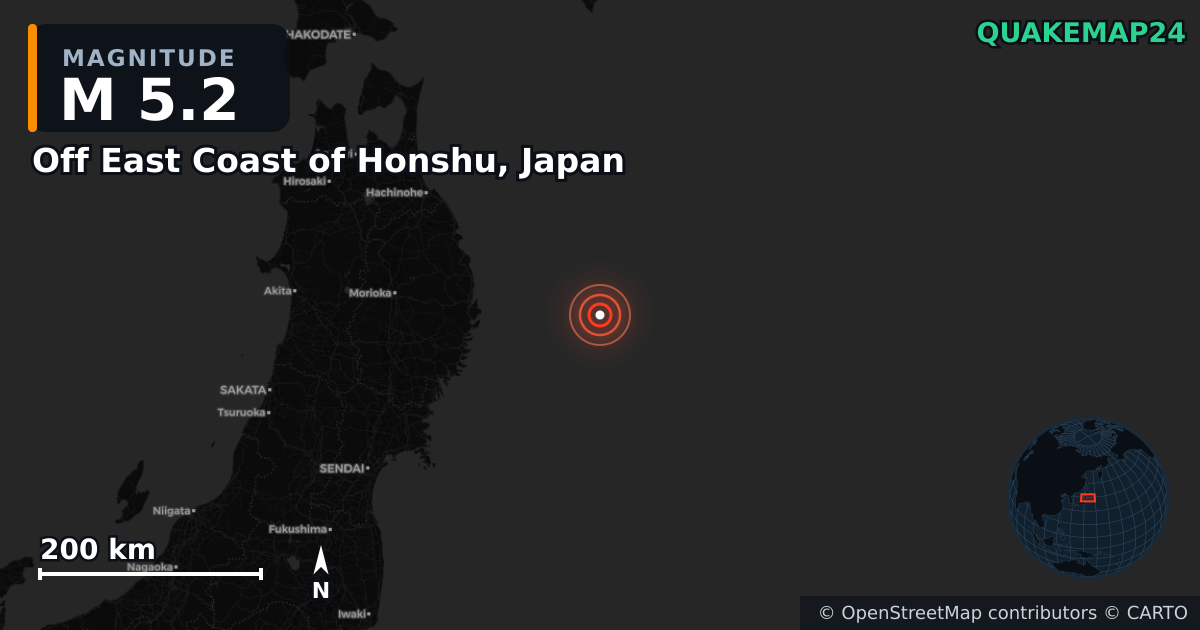 M5.2 earthquake near Off East Coast of Honshu, Japan on Nov 9, 2025 — map of epicenter and shaking intensity | QuakeMap24