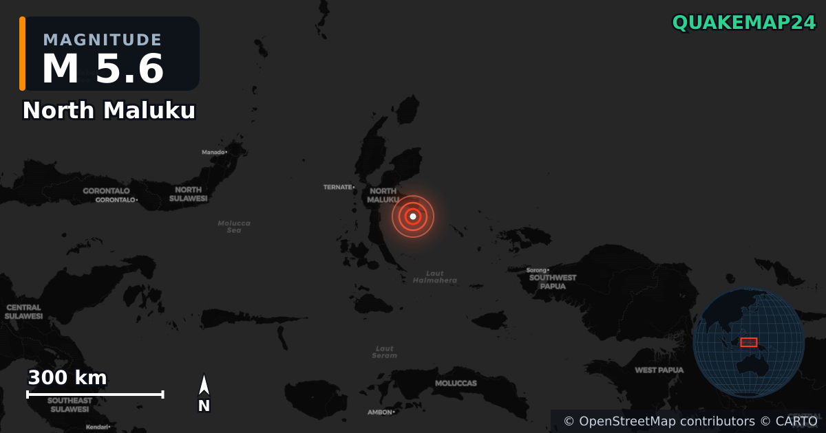 M5.6 earthquake near North Maluku on Jul 7, 2026 — map of epicenter and shaking intensity | QuakeMap24
