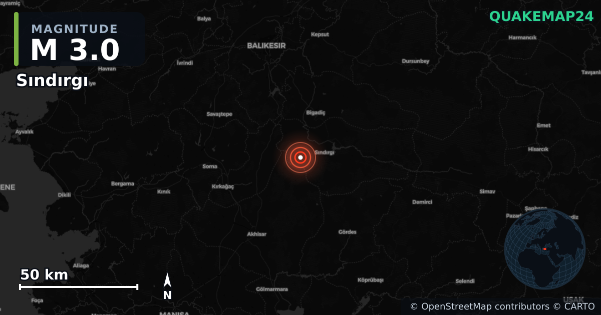 M3.0 earthquake near Sındırgı on Aug 29, 2025 — map of epicenter and shaking intensity | QuakeMap24