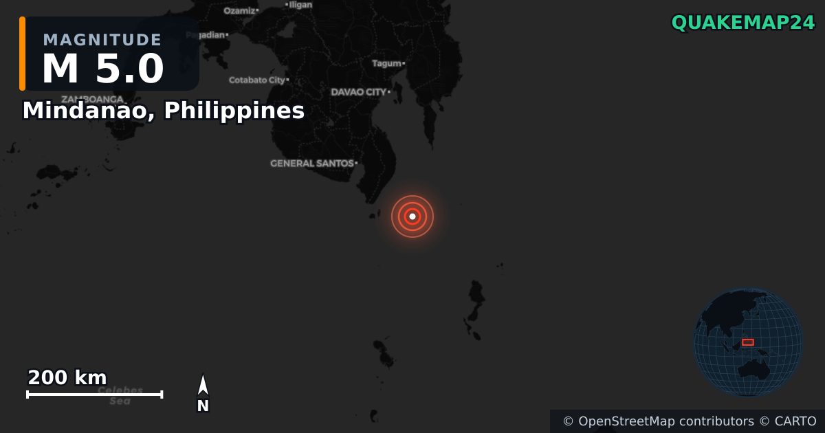 Erdbeben M5,0 bei Mindanao, Philippines — Karte der Lage des Epizentrums