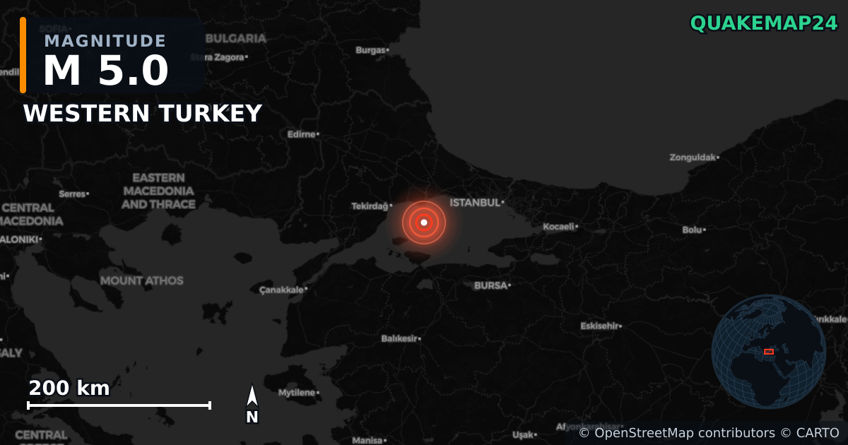 M5.0 earthquake near WESTERN TURKEY on Oct 2, 2025 — map of epicenter and shaking intensity | QuakeMap24