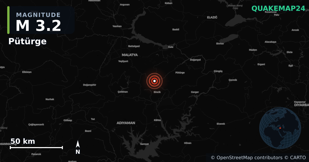 M3.2 earthquake near Pütürge on Jan 14, 2026 — map of epicenter and shaking intensity | QuakeMap24