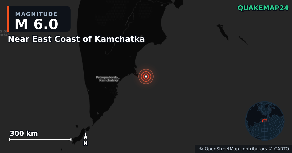 M6.0 earthquake near Near East Coast of Kamchatka on Jul 24, 2025 — map of epicenter and shaking intensity | QuakeMap24