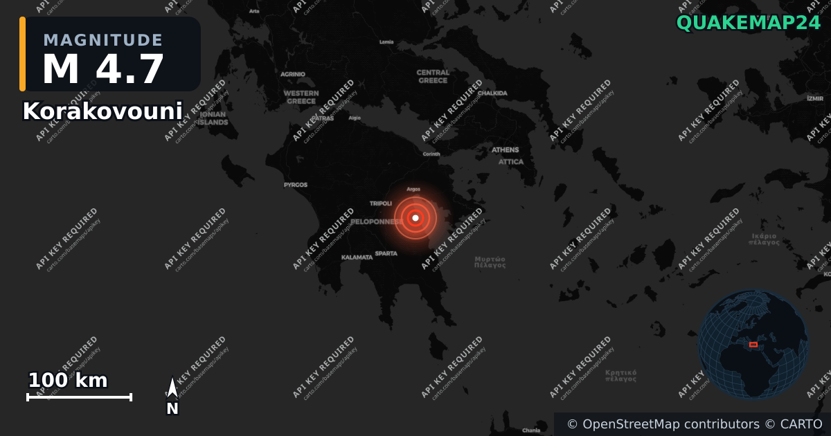 M4.7 earthquake near Korakovouni on Aug 28, 2026 — map of epicenter and shaking intensity | QuakeMap24