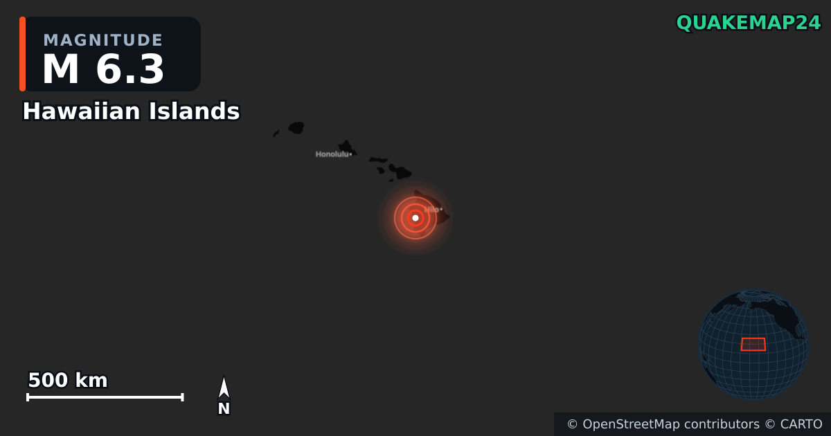 M6.3 earthquake near Hawaiian Islands on May 23, 2026 — map of epicenter and shaking intensity | QuakeMap24