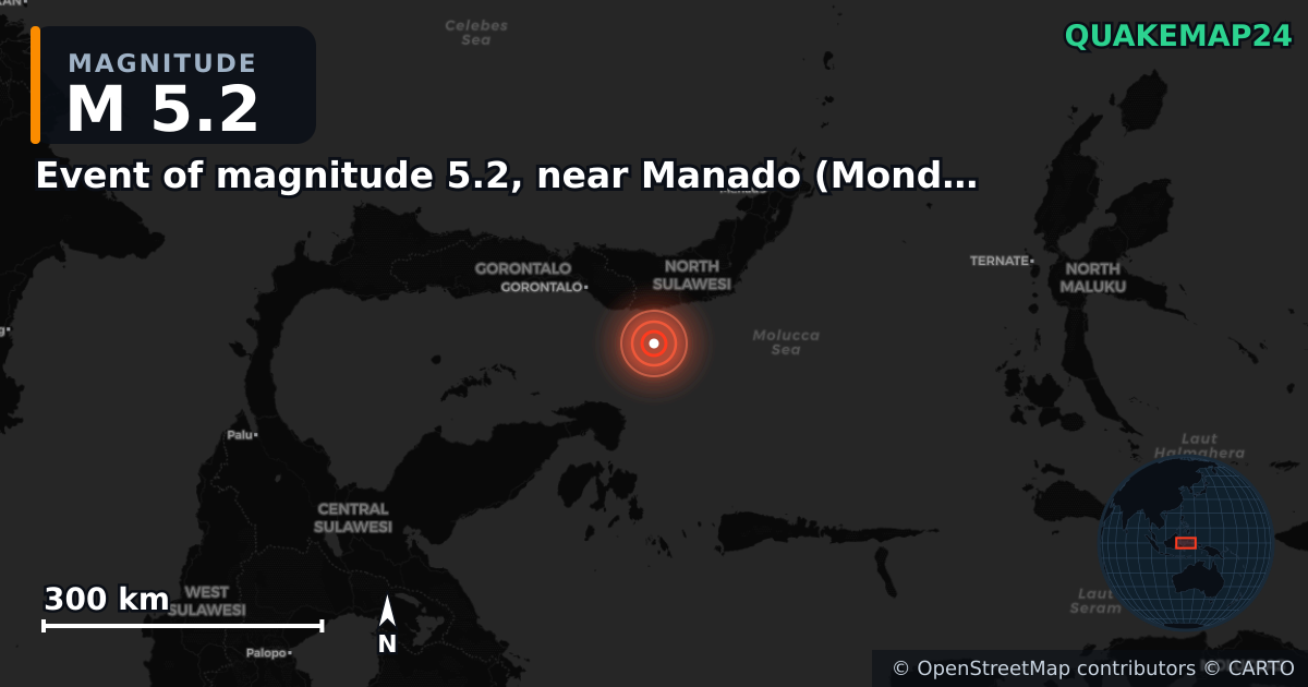 Event of magnitude 5.2, near Manado (Monde) yakınında M5,2 deprem · 2026-04-17 — Deprem merkez üssünün konumunu gösteren harita