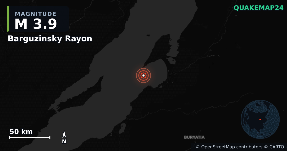 M3.9 earthquake near Barguzinsky Rayon on Aug 21, 2026 — map of epicenter and shaking intensity | QuakeMap24