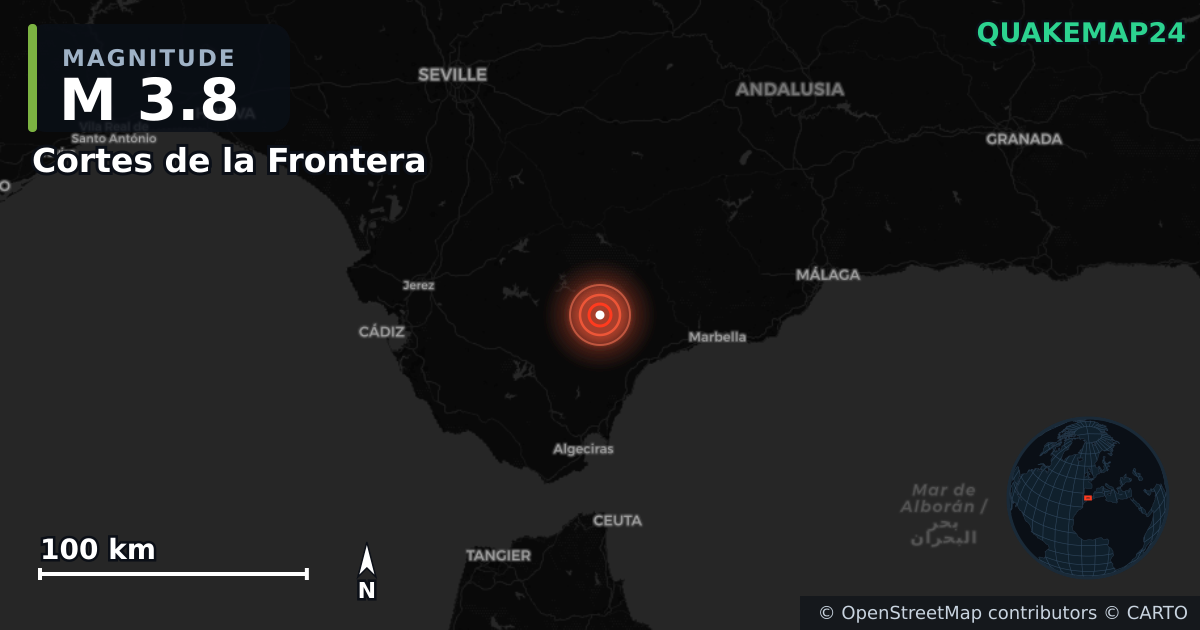 M3.8 earthquake near Cortes de la Frontera on Feb 13, 2026 — map of epicenter and shaking intensity | QuakeMap24