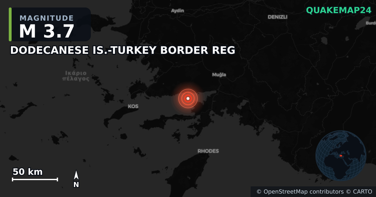 M3.7 earthquake near DODECANESE IS.-TURKEY BORDER REG on May 18, 2025 — map of epicenter and shaking intensity | QuakeMap24