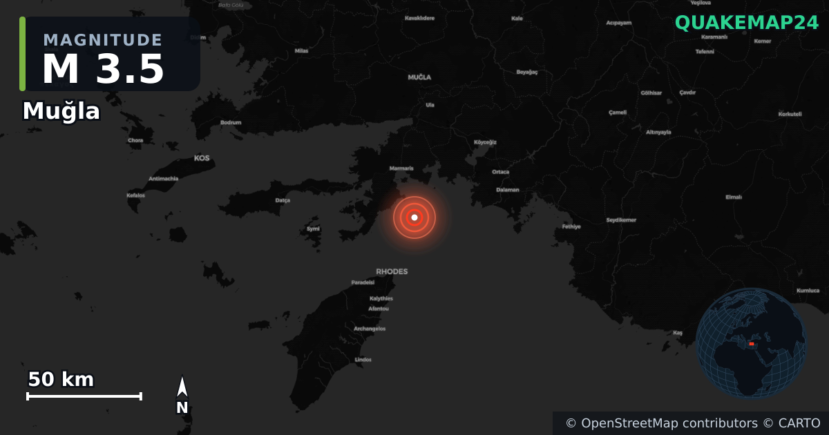 M3.5 earthquake near Muğla on Oct 28, 2025 — map of epicenter and shaking intensity | QuakeMap24
