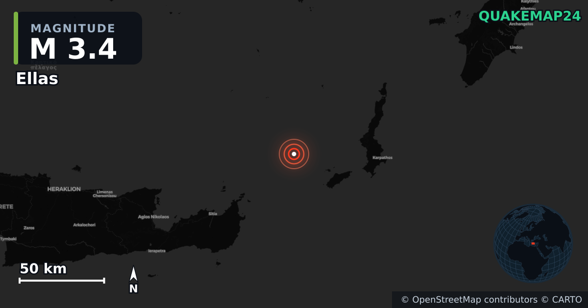 M3.4 earthquake near Ellas on Mar 2, 2026 — map of epicenter and shaking intensity | QuakeMap24