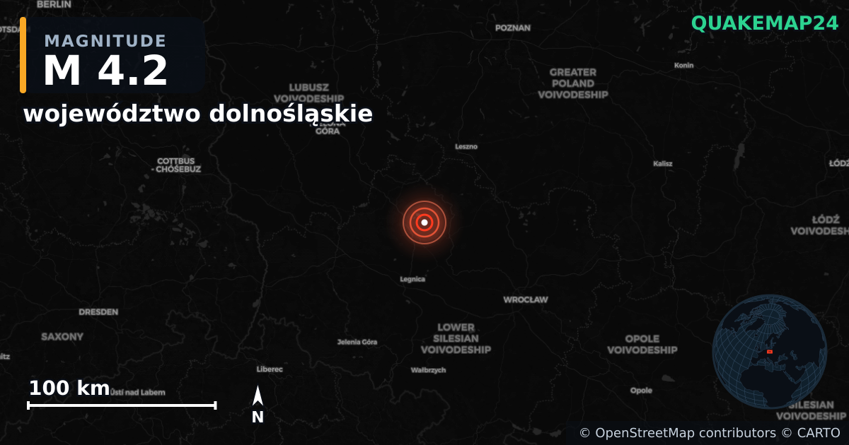 M4.2 earthquake near województwo dolnośląskie on May 19, 2025 — map of epicenter and shaking intensity | QuakeMap24