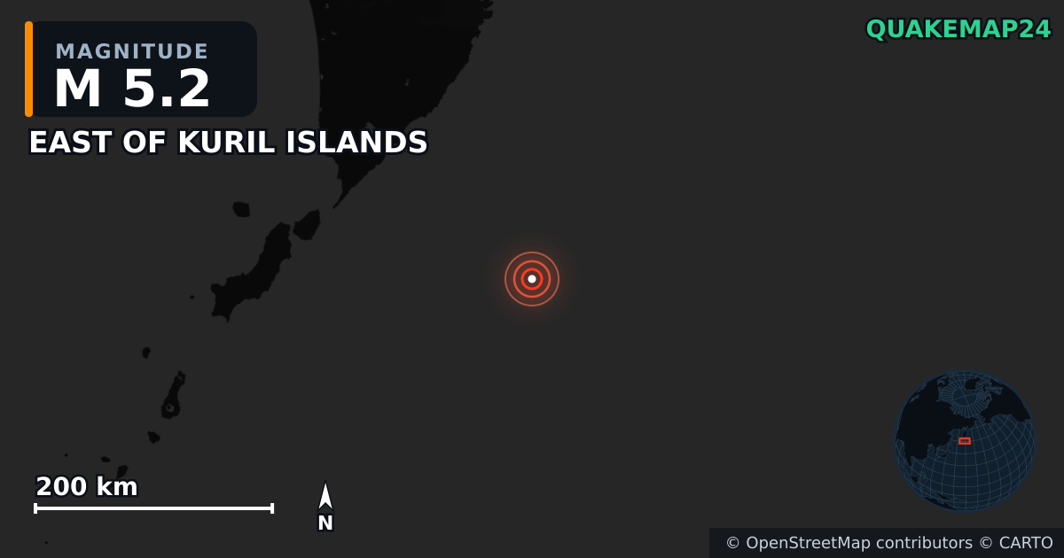 EAST OF KURIL ISLANDS yakınında M5,2 deprem — Deprem merkez üssünün konumunu gösteren harita