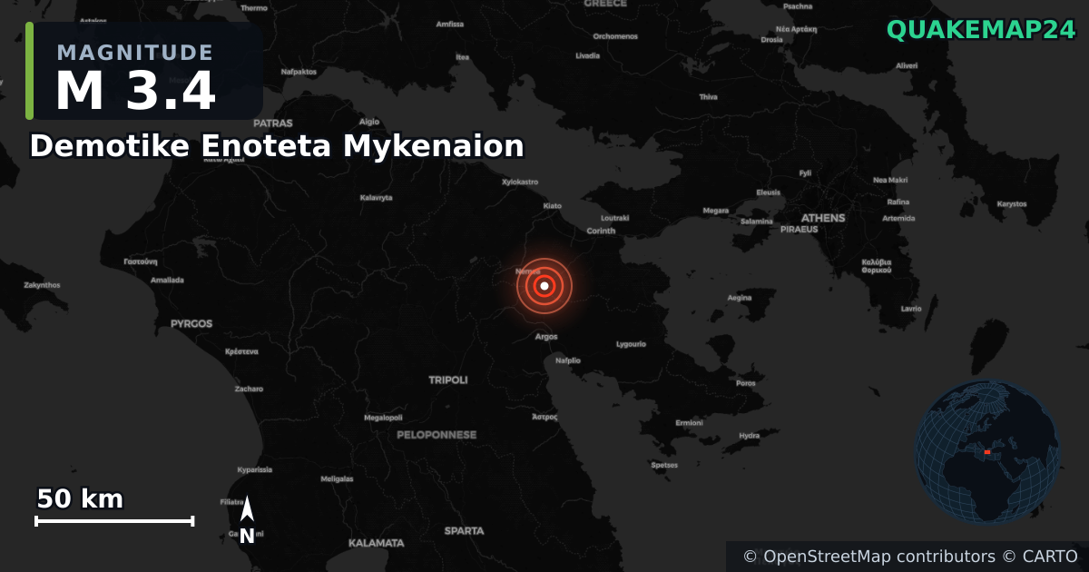 M3.4 earthquake near Demotike Enoteta Mykenaion on Apr 21, 2026 — map of epicenter and shaking intensity | QuakeMap24
