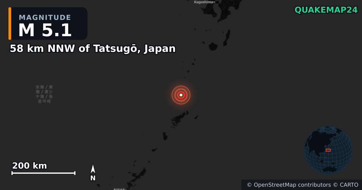 M5.1 earthquake near 58 km NNW of Tatsugō, Japan on Jul 2, 2025 — map of epicenter and shaking intensity | QuakeMap24