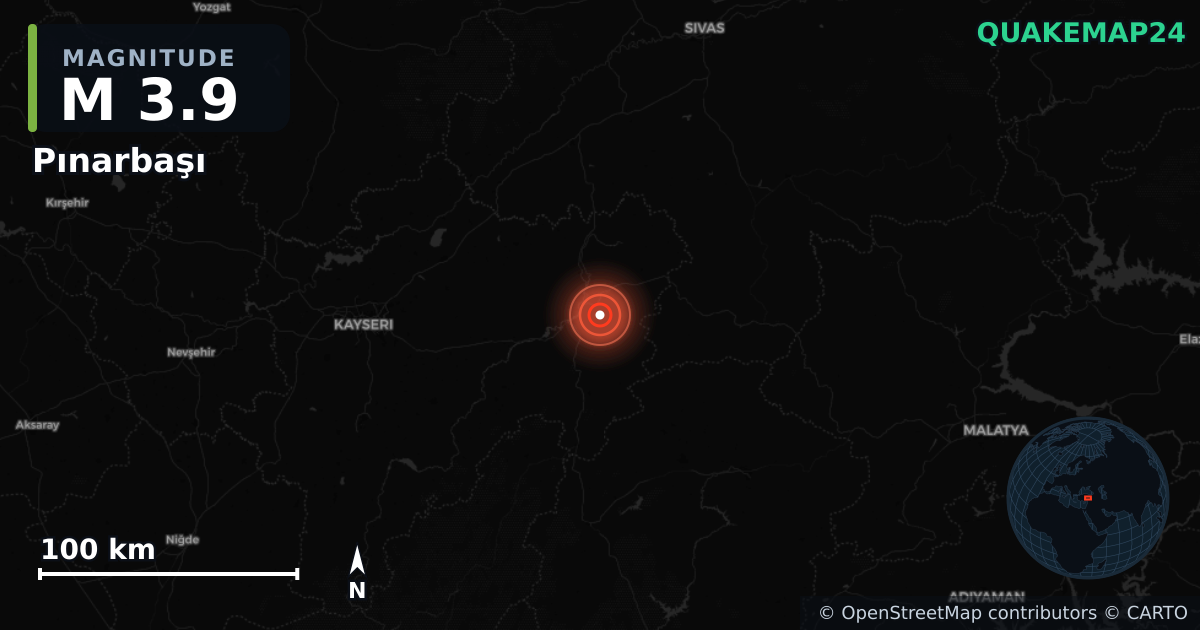 Erdbeben M3,9 bei Pınarbaşı, Kayseri (Türkei) · 2026-06-15 — Karte der Lage des Epizentrums