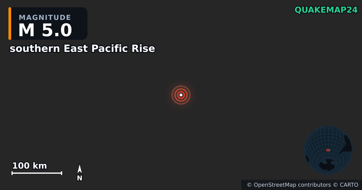 M5.0 earthquake near southern East Pacific Rise on Jan 2, 2026 — map of epicenter and shaking intensity | QuakeMap24