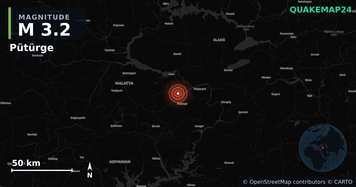 M3.2 earthquake near Pütürge on Jun 7, 2025 — map of epicenter and shaking intensity | QuakeMap24