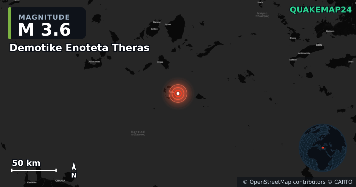 M3.6 earthquake near Demotike Enoteta Theras on Jan 11, 2026 — map of epicenter and shaking intensity | QuakeMap24