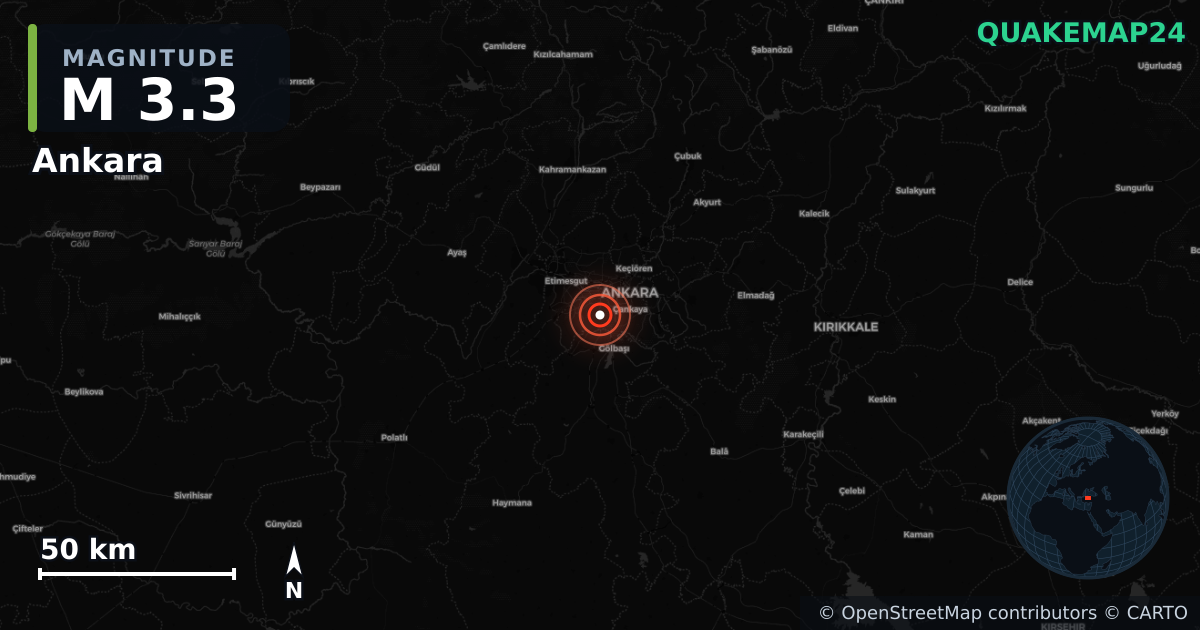 M3.3 earthquake near Ankara on Aug 11, 2025 — map of epicenter and shaking intensity | QuakeMap24