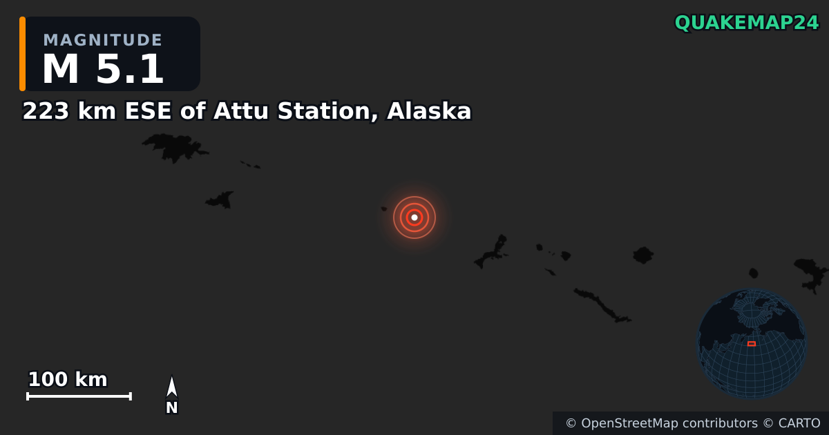 Σεισμός M5,1 κοντά στο 223 km ESE of Attu Station, Alaska — Χάρτης της θέσης του επικέντρου