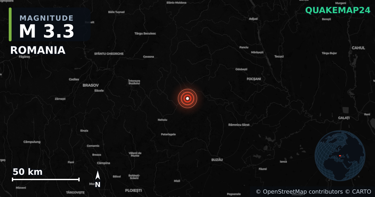 M3.3 earthquake near ROMANIA on Oct 15, 2025 — map of epicenter and shaking intensity | QuakeMap24
