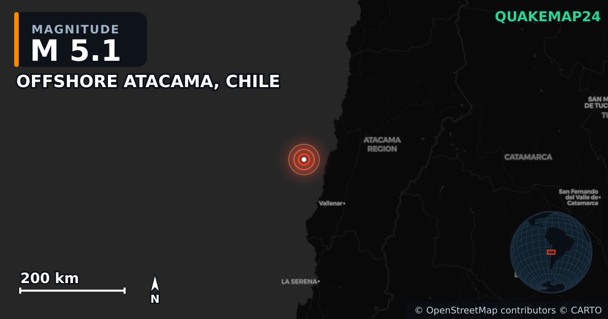 Sismo de M5,1 perto de OFFSHORE ATACAMA, CHILE — Mapa da localização do epicentro