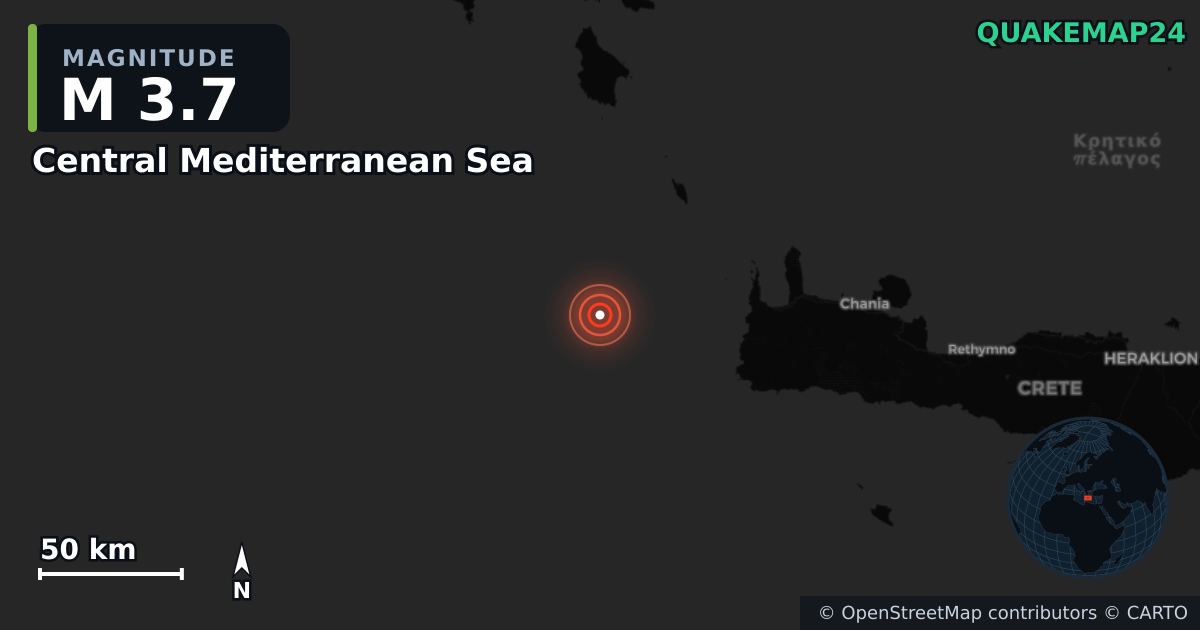 M3.7 Earthquake near Central Mediterranean Sea · 2025-11-11 — Map showing the location of the epicenter