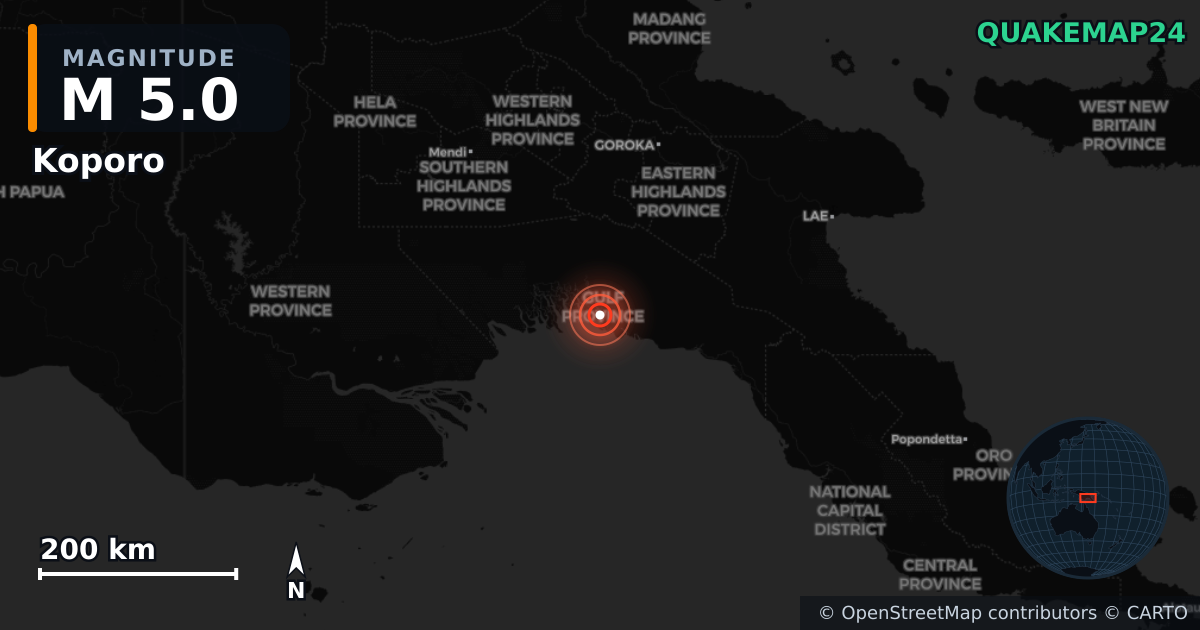 M5.0 earthquake near Koporo on Aug 11, 2026 — map of epicenter and shaking intensity | QuakeMap24
