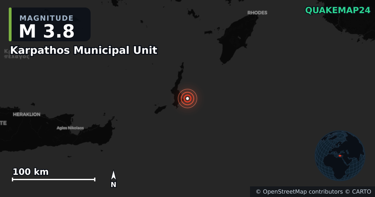 M3.8 earthquake near Karpathos Municipal Unit on Jul 11, 2026 — map of epicenter and shaking intensity | QuakeMap24