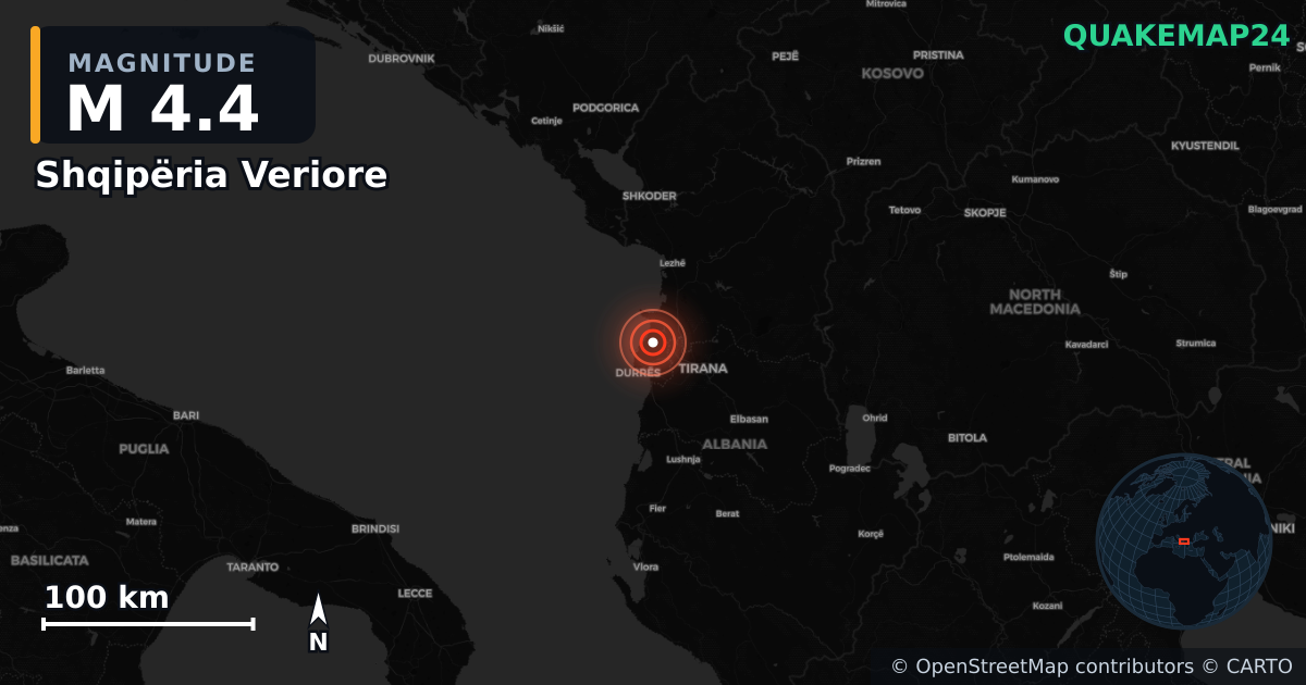 M4.4 earthquake near Shqipëria Veriore on Jun 24, 2025 — map of epicenter and shaking intensity | QuakeMap24