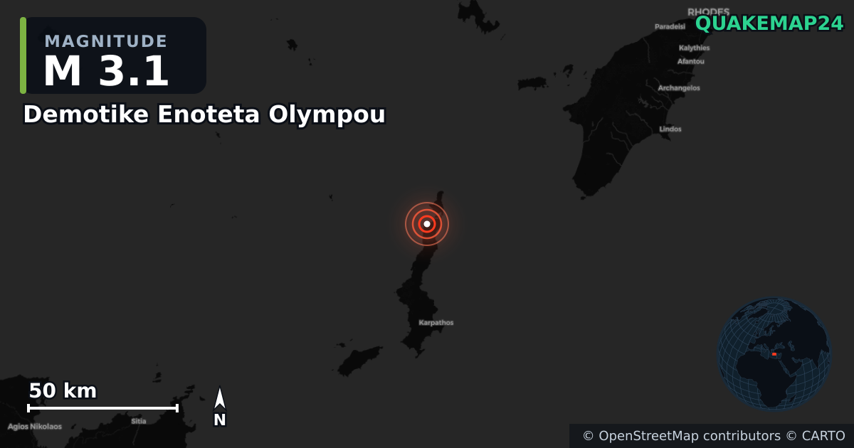 M3.1 earthquake near Demotike Enoteta Olympou on Mar 26, 2026 — map of epicenter and shaking intensity | QuakeMap24