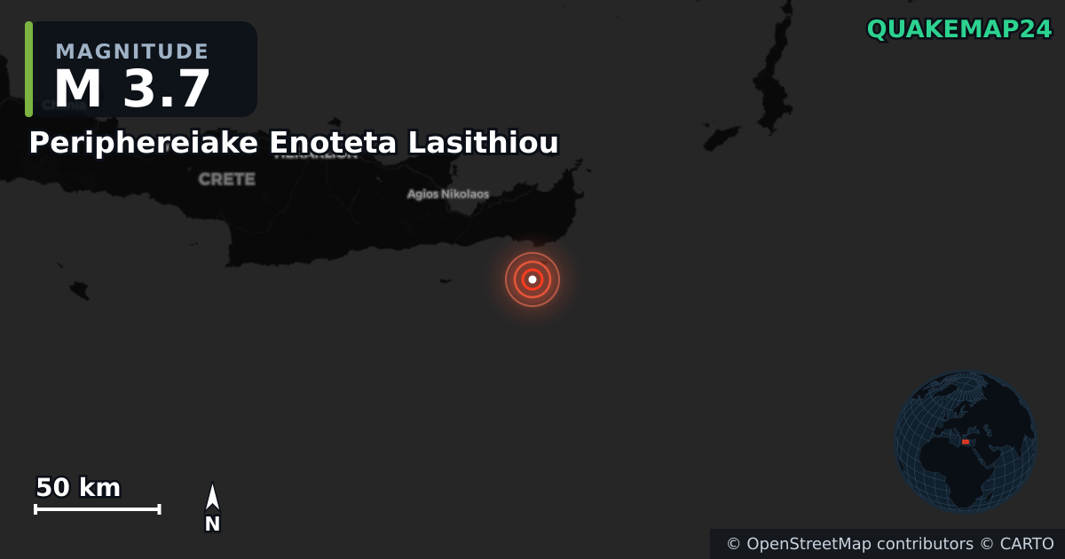 M3.7 earthquake near Periphereiake Enoteta Lasithiou on May 20, 2026 — map of epicenter and shaking intensity | QuakeMap24