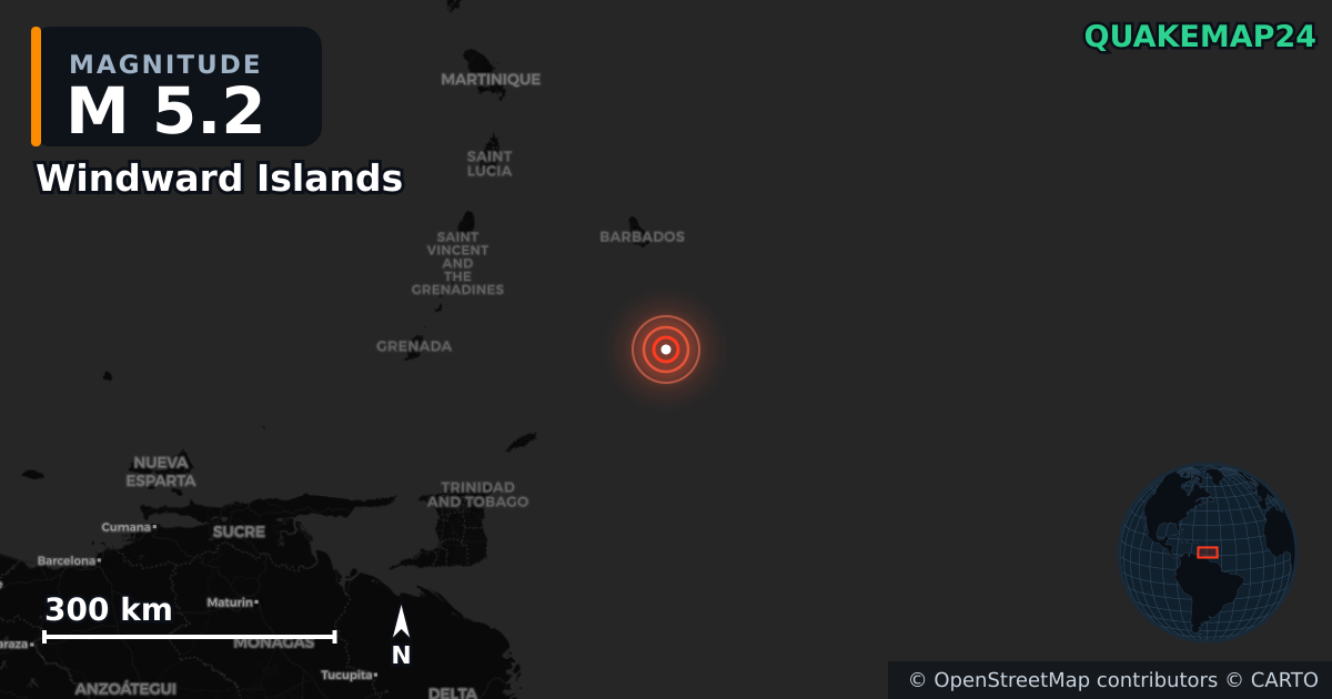 Erdbeben M5,2 bei Windward Islands — Karte der Lage des Epizentrums