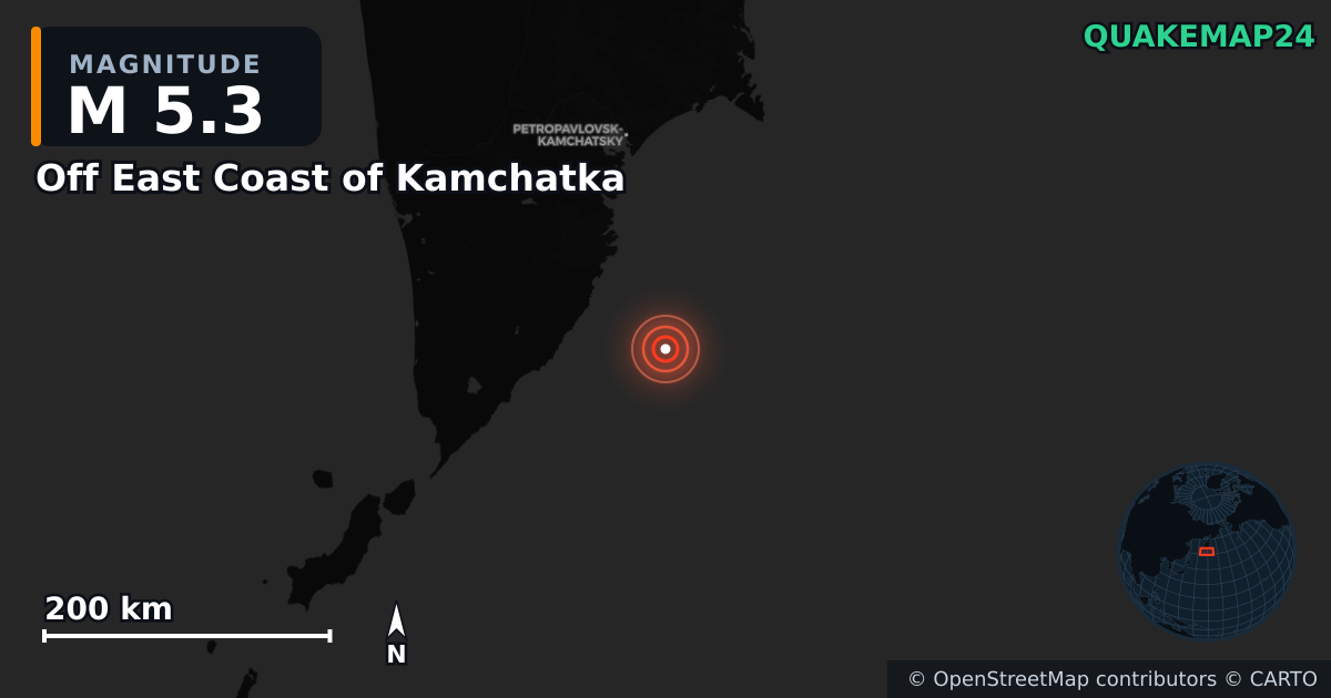M5.3 earthquake near Off East Coast of Kamchatka on Aug 2, 2025 — map of epicenter and shaking intensity | QuakeMap24